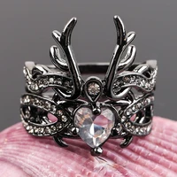 2 pcsset charm animal horn black deer antler rings for women girl heart crystal cz ring punk style party couple jewelry gifts