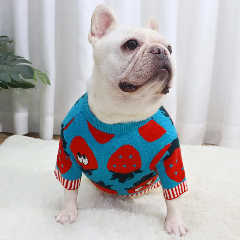 

Dog Christmas Sweater for Medium Dogs Lovely Strawberry Dog Coat Designer Winter Warm French Bulldog Jacket Korea Style Costume