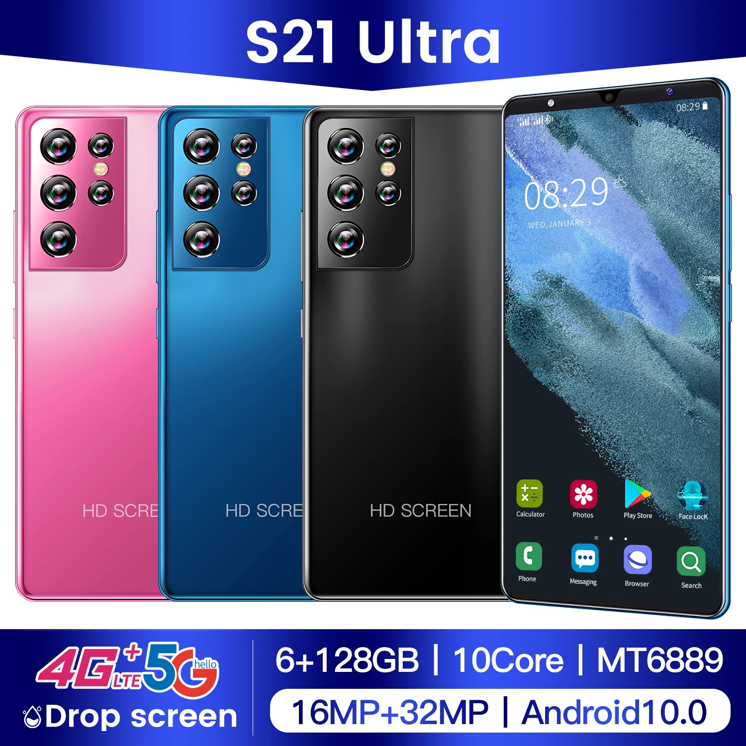 

S21 Ultra Smartphone Andriod 10 Dual SIM Fingerprint ID Mobile Phone Global Version 12+512GB 6.8 Inch Full Screen Mobile Phone