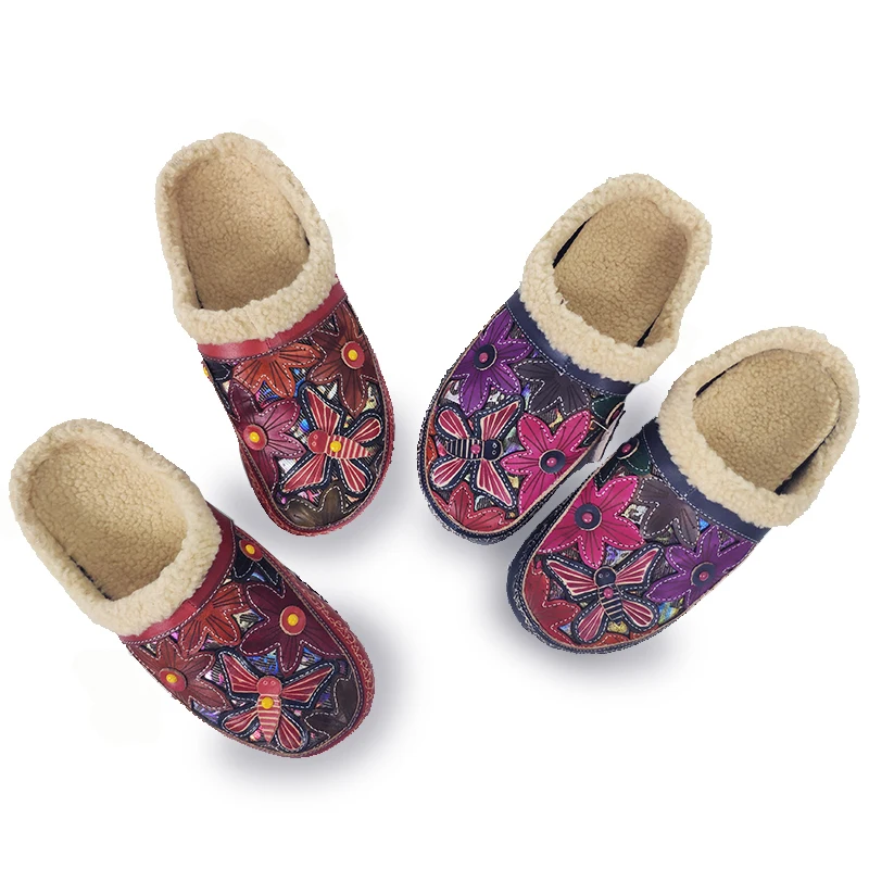 Женская обувь из натуральной кожи Домашние тапочки в стиле ретро Зимняя женская