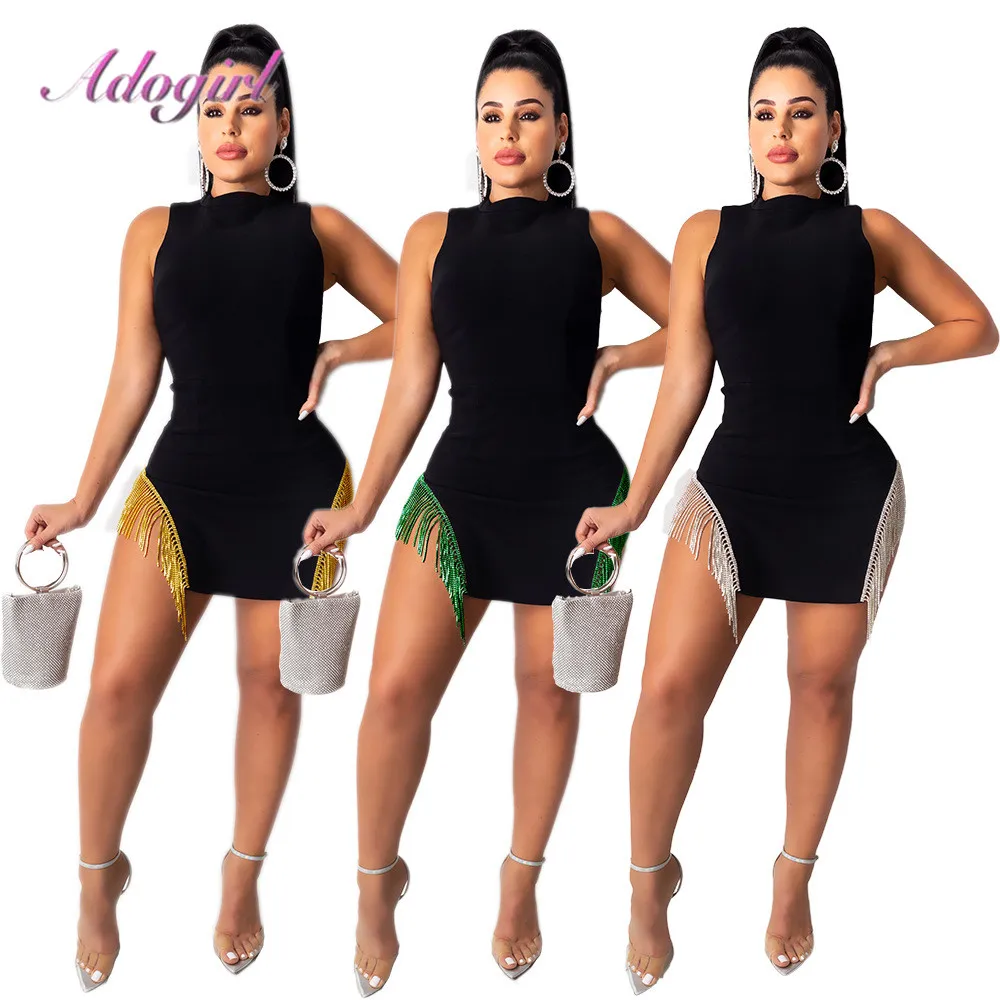 

Sexy Sequines Tassel Sleeveless Bodycon Evening Party Club Mini Dress Women 2020 Spring Elegant Backless Outfit Dresses Vestidos