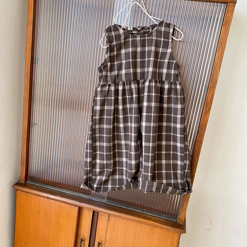 

Girls Party Plaid Costumes 2021 New Summer Kids Casual Jumpsuits Sleeveless Cotton Linen Children Clothing 2-6Y