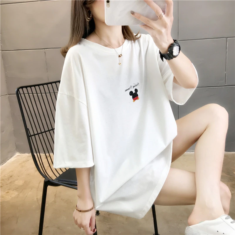 

2020 Disney New Mickey Mouse Ladies Letter Print Short-sleeved T-shirt Korean Loose Top Bottoming Shirt with Mickey Behind Long