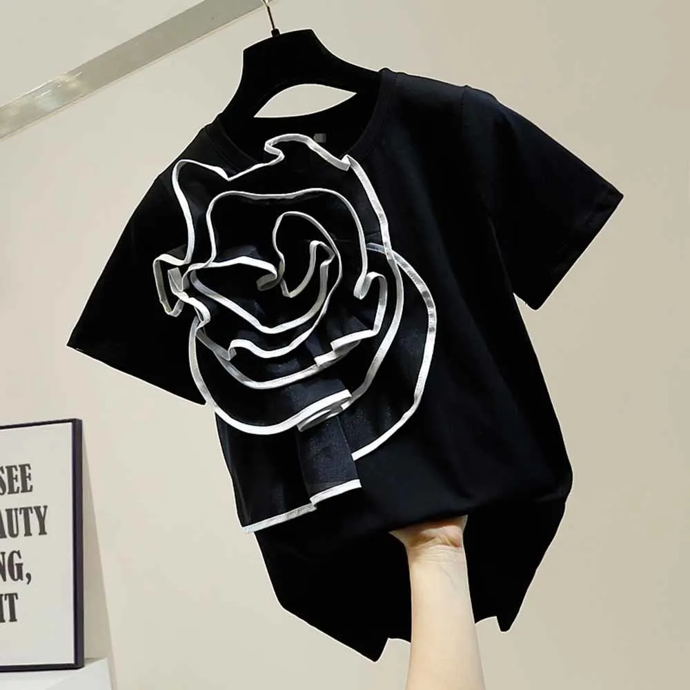 Футболка женская трехмерная с коротким рукавом модный топ крупными цветами и