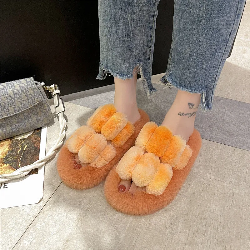 Chaussure Femme Slippers Casual Flock Flat Shoes Female Slides Platform Fur Flip Flops Women Luxury Soft Plush 2021 Basic Indoor