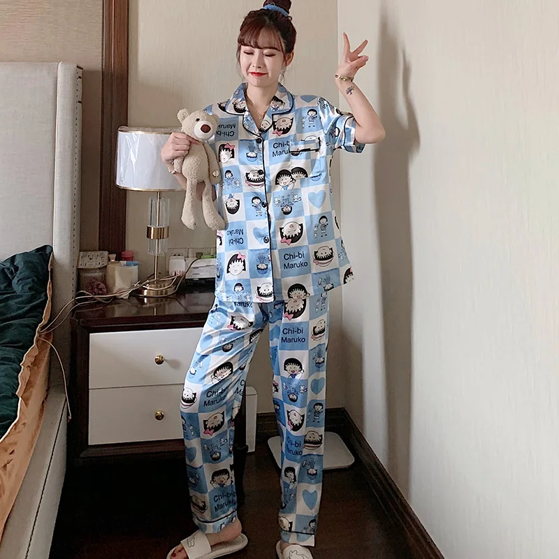 

Cardigan Pajamas Women's Summer Cartoon Ice Short Sleeve Trousers Thin Suit Artificial Silk Spring and Autumn Cute