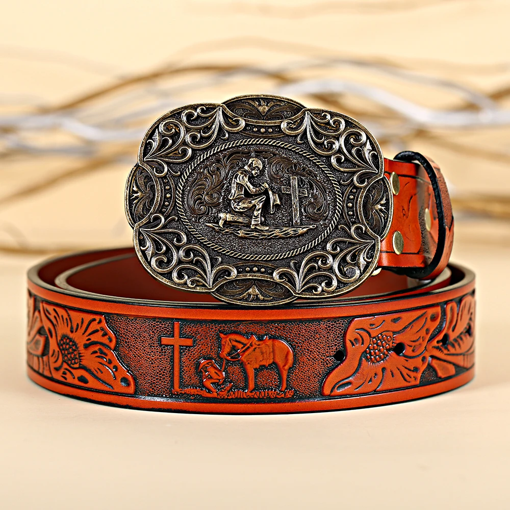 Western cowboy cross belt men pray leather novel Carve patterns or designs on woodwork for women and