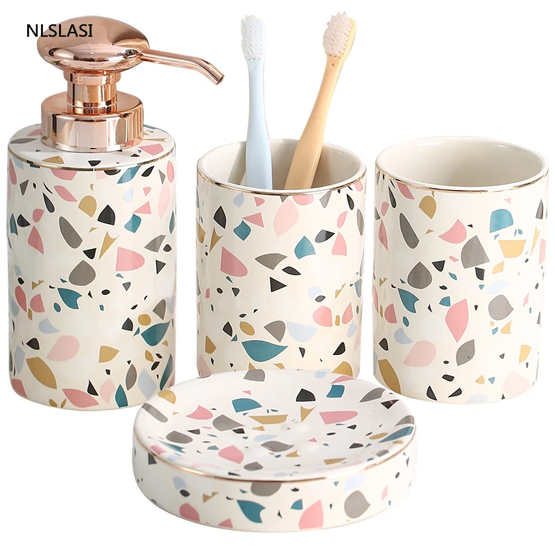 

Four-piece Suit Rainbow Spots Ceramic Bathroom Set Decorations Home Hotel Lotion Bottle Soap Dish Mouth Cup Decorations Crafts