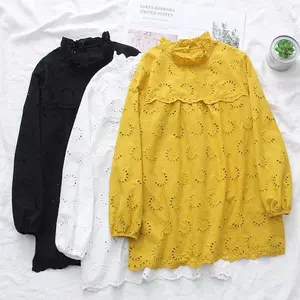 Женская ажурная блузка KYQIAO, белая и черная однотонная Элегантная блузка большого размера с воротником-стойкой и длинным рукавом, 2020