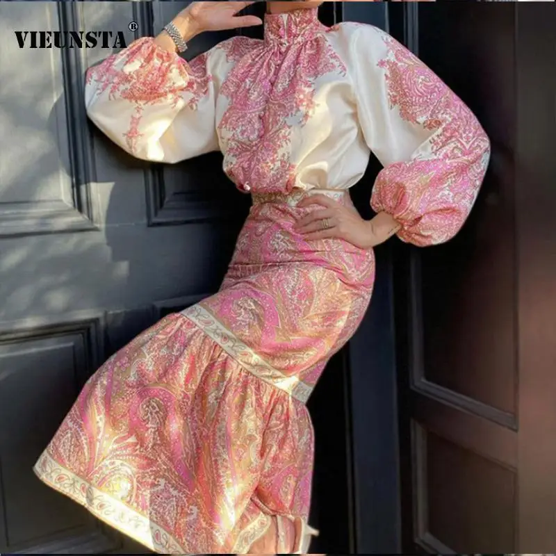 

Retro Pattern Print Ruffle Party Dress Women Autumn Turtleneck Buttoned Bodycon Dress 2022 Spring Long Sleeve Lady Office Dress
