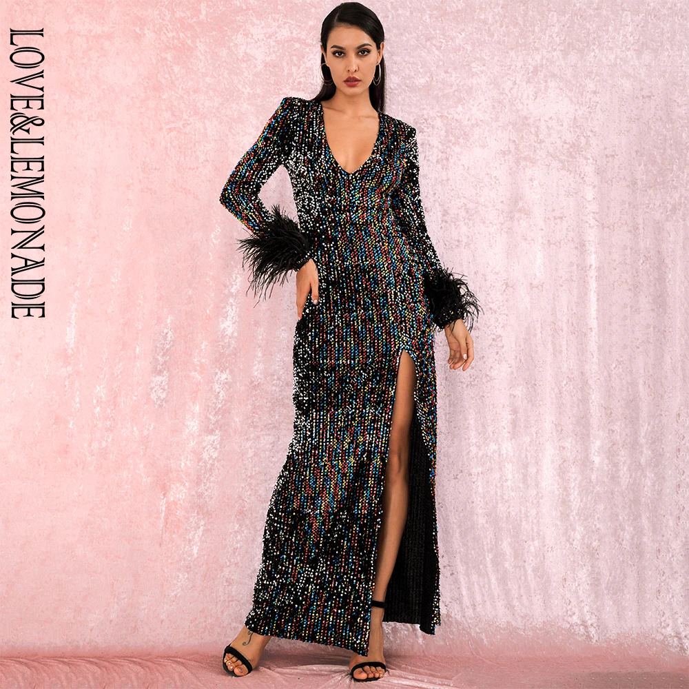 Женское платье с длинным рукавом LOVE & LEMONADE длинное эластичное глубоким V образным