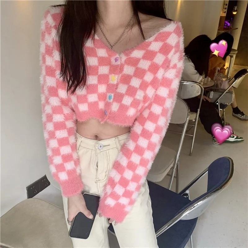 

ZAWAHIKI Sweet Pink Plaid Knitted Cardigan Autumn 2021 V Neck Long Sleeve Single Breasted Sexy Short Tops Fashion Women Sweaters