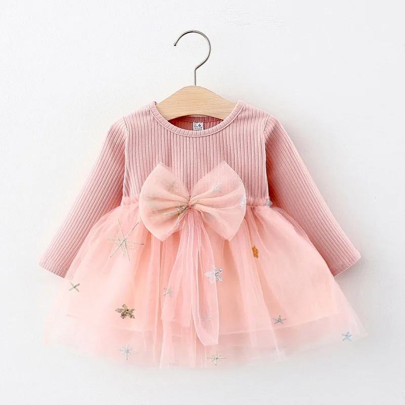 

2021 Girls Dress Summer Girls Fashion Big Bow Dress Princess Skirt Baby Clothes Long Sleeve Skirt Cute Baby Girl Dresses