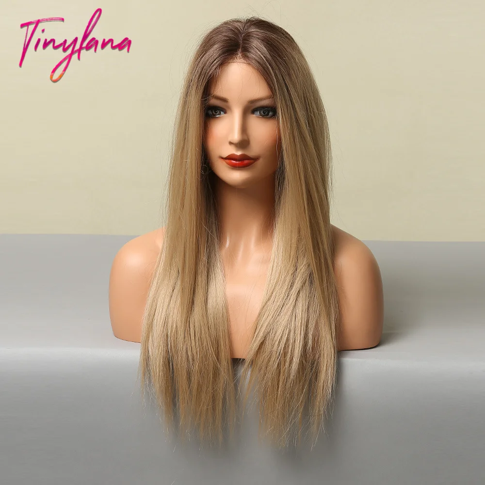

TINY LANA Ombre Gray Brown Blonde Synthetic Lace Front Wigs for Black Women Long Silky Straight Wigs Daily Use Heat Resistant