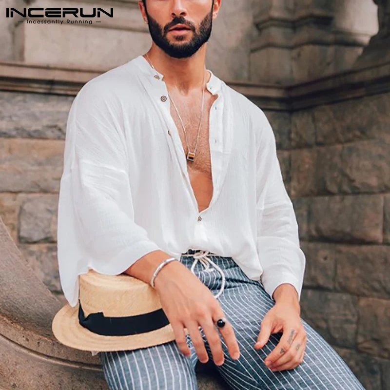 

INCERUN Men Shirt Stand Collar Solid Color 3/4 Sleeve Breathable See Through Thin Tops Streetwear 2021 Casual Camisa Masculina