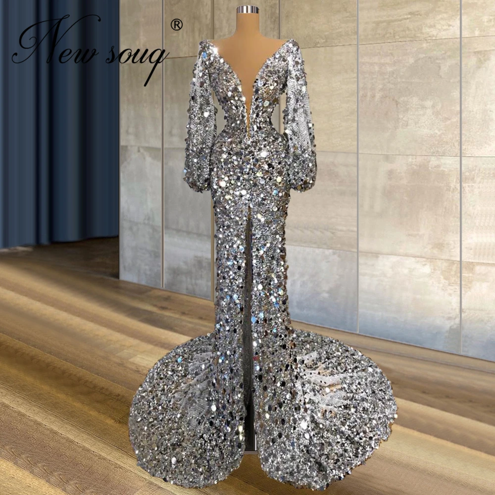 

Plus Size Bling Prom Dresses With Puffy Sleeve Women Party Night African Dubai Beads Evening Gowns Vestidos De Festa 2021 Aibye