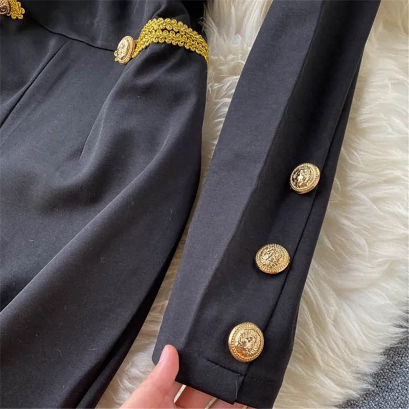 

Black Fashion Jumpsuits Women Buttons V-Neck Long Sleeve High Waist Rompers Ladies Loose Wide leg Pants Spring Autumn Jumpsuit