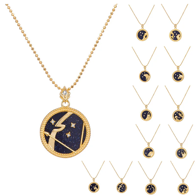 DOYUBO Women Gold Color Pure Silver Twelve Constellations Blue Sandstone Pendant Necklace Fashion Birthday Gift Jewelry VA306
