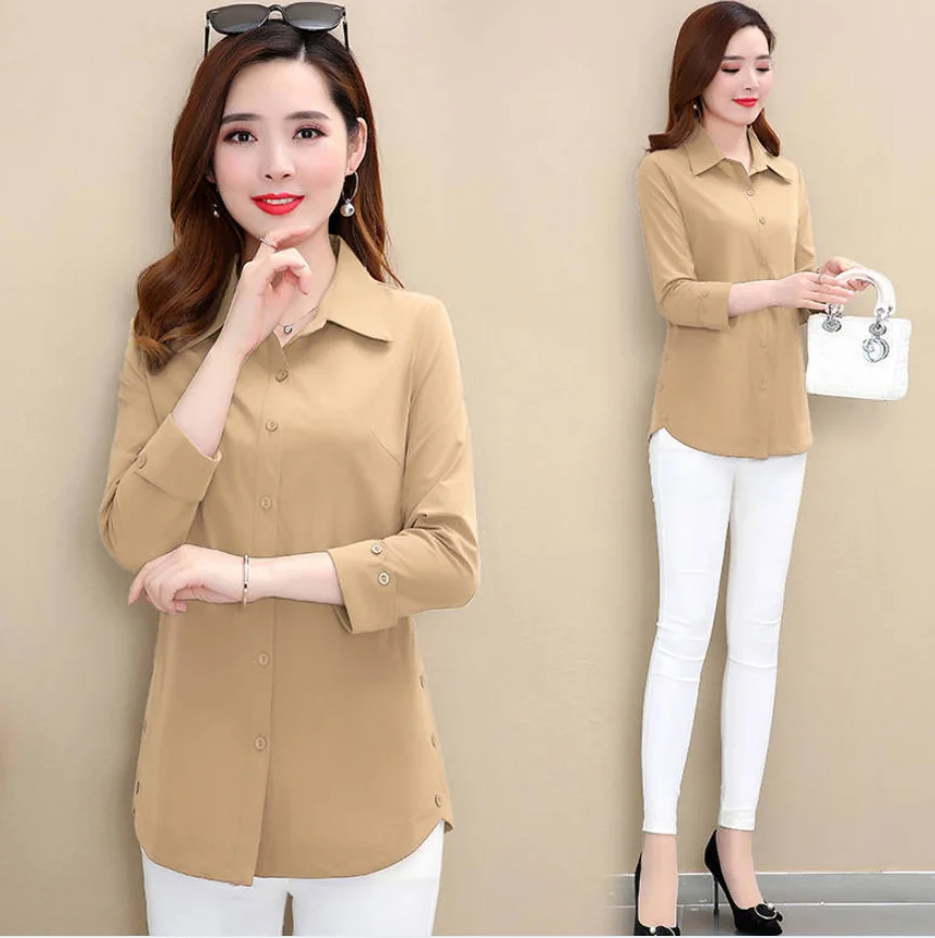 

2021 women's long-sleeved shirt spring new top middle-aged mother wear shirt women's plus size solid color shirt