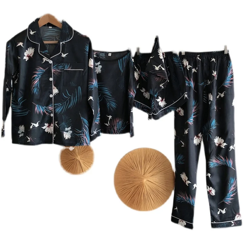 

7 Pieces Pajama For Women Stain Soft Pyjama set Spring Autumn Female Cute Nightwear Dot Faux Silk Shorts Homewear 2021 wholesale