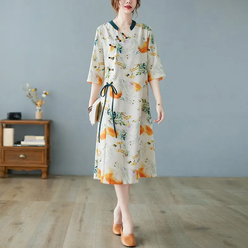 

Women Summer Cotton Linen Casual Dress New Arrival 2021 Vintage Style V-neck Print Loose Ladies A-line Long Dresses B899