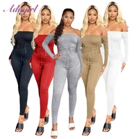 sexy off shoulder long sleeve backless party club jumpsuit women solid lace up corset sportwear rompers fitness outfit overalls