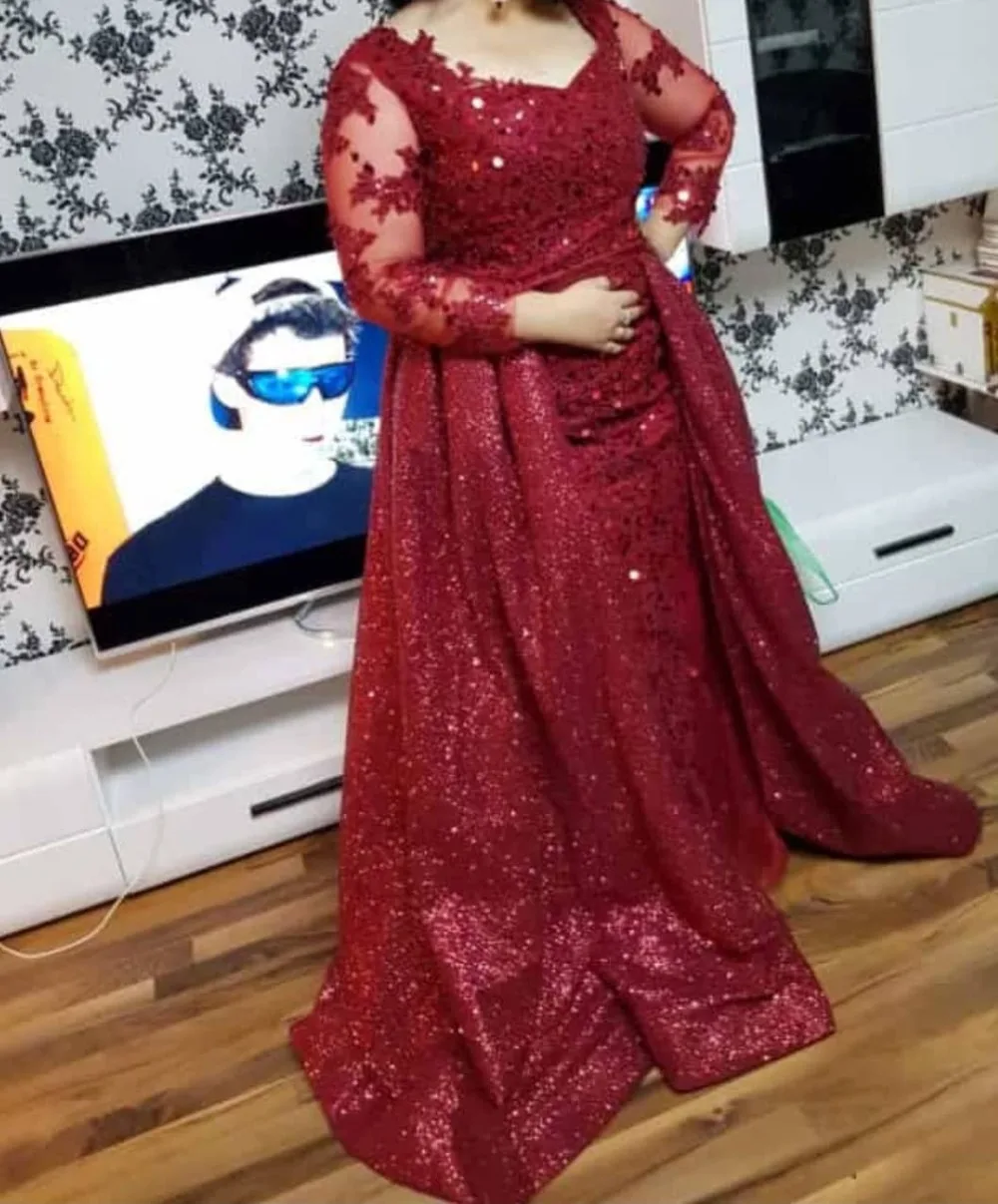 

New Arrival Dubai Red Luxury Evening Dresses 2019 Arabic Long Sleeve Lace Detachable Tail Mermaid Dress Sequin Evening Gowns