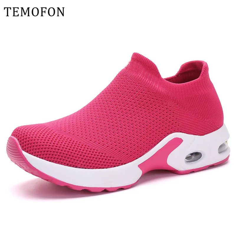 TEMOFON/кроссовки размера плюс с дышащей сеткой; женская повседневная обувь; цвет белый, черный; слипоны на платформе; женские кроссовки с воздушной подушкой; коллекция года; HVT626