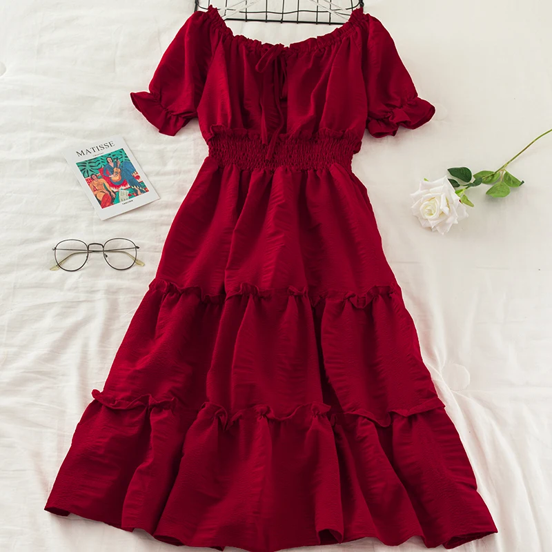 Женское платье с коротким рукавом милое без бретелек оборками и высокой талией