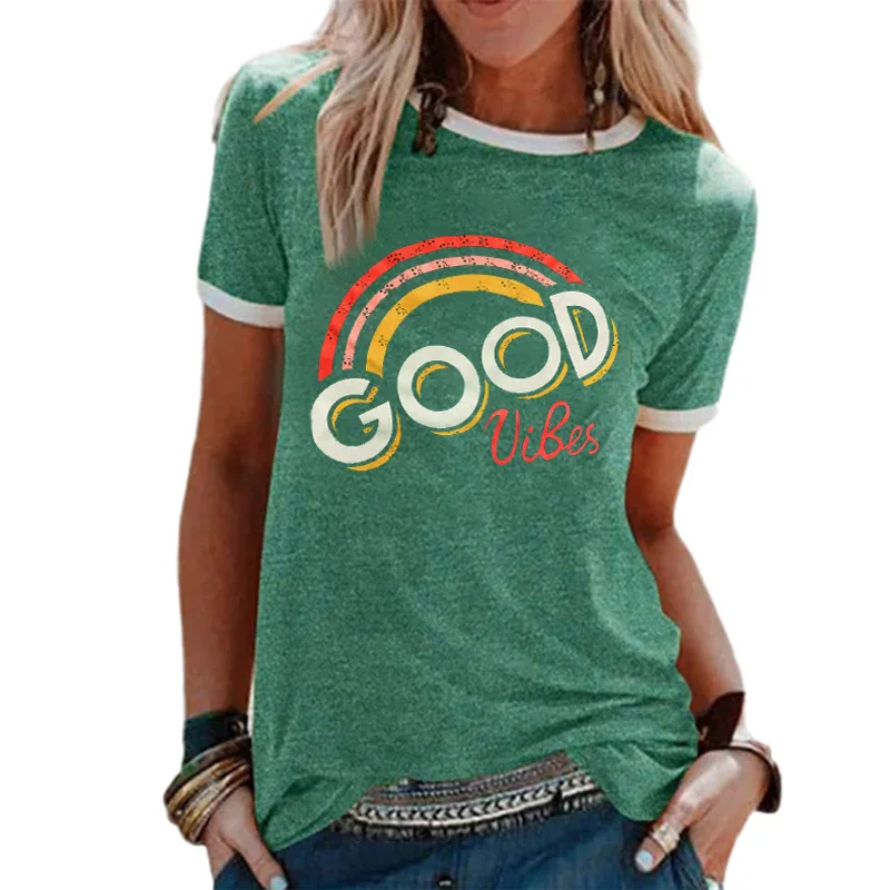 

Hot Sale Style Ladies Tops GOOD VIBES Rainbow Print Round Neck Short Sleeve T-shirt