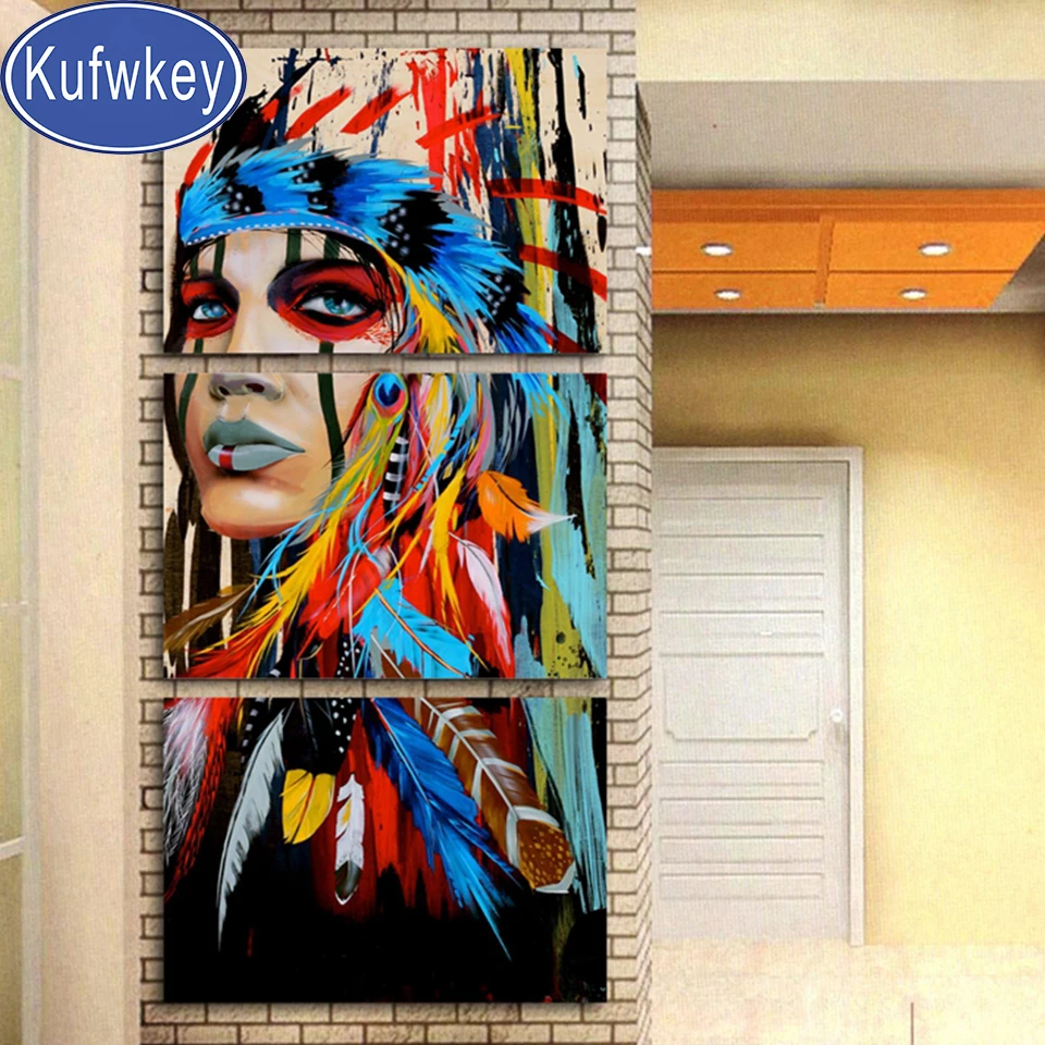 

Triptych Mosaic Diamond Art Indian with feather Woman 5d Embroidery Full Round Square Diamond Painting Cross Stitch 3 Pcs