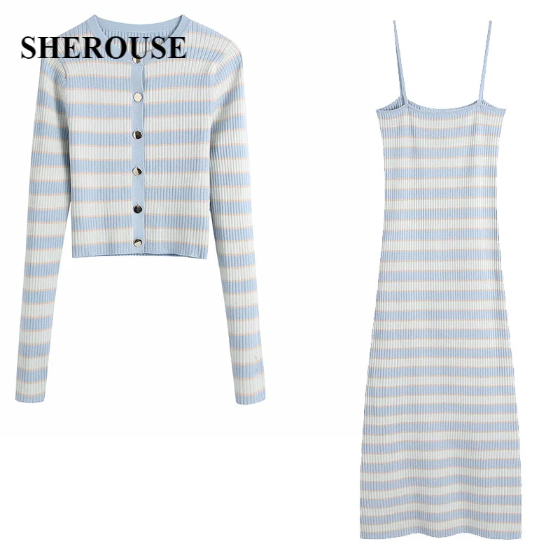 

Новинка 2021, Женский комплект из двух предметов, полосатый вязаный кардиган, свитер и платье миди на бретельках, Модный повседневный Женский ...