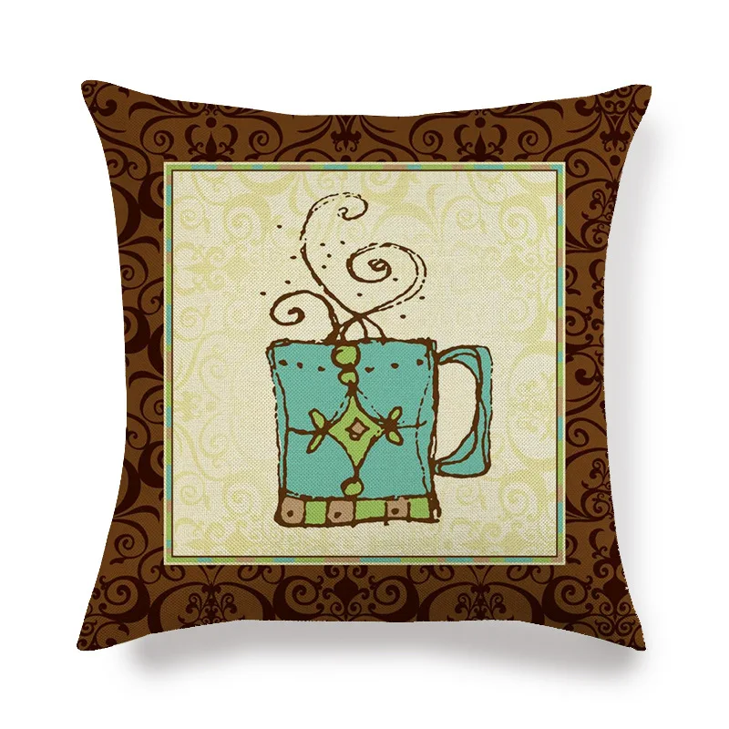 

Retro Style Throw Pillows Cartoon Print Cup with Flower Fauxlinen Cushion Cover for Living Room Pillowcase Sofa Home Decor