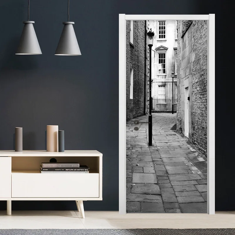 

PVC Self-Adhesive Waterproof Door Sticker Modern Black White Street Wallpaper Living Room Bedroom Door Poster Home 3D Decor