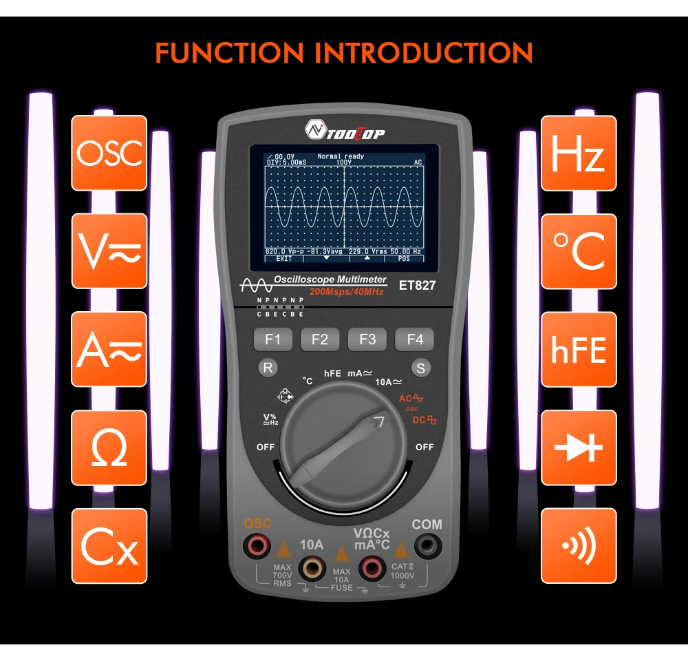 

ET827 Intelligent 2in1 Digital 40MHz 200Msps/S Oscilloscope 6000Counts True RMS Multimeter With Analog Grap AUTO Multimeter