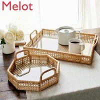 high end hand woven storage basket rattan desktop storage box household minimalist tray tea tray cup storage tray