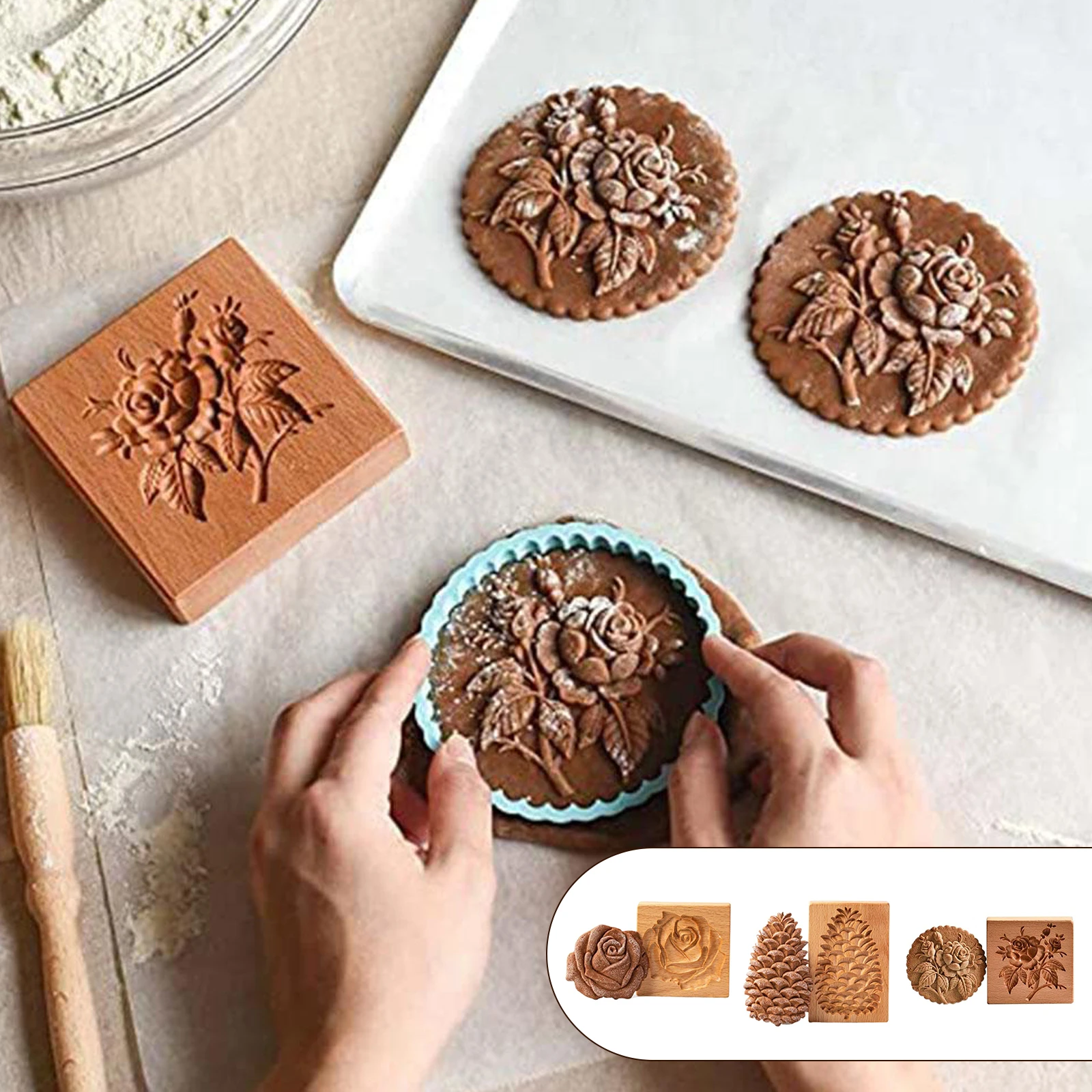 

3D Cookie Wooden Cookie Molds Baking Pine Cones Rose Cookie Cutter For Cookie Stamp Embossing Craft Decorating Baking DIY Tool