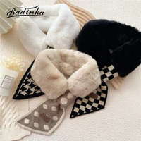 2022 new houndstooth knitted scarf ring echarpe chaude femme luxury winter black white plaid rabbit fur collar scarves for women