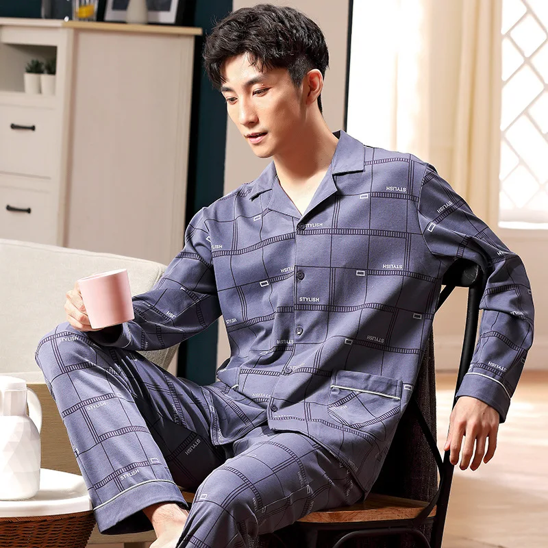 Men's stripe pajamas long sleeve cotton spring and autumn cardigan pajamas men's elegant plus size household suit men's youth