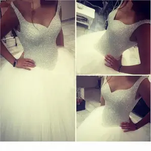 Luxury Straps White Crystals Ball Gown Wedding Dress Beading Tulle Vestido De Noiva Bridal Gowns Wedding Gowns 2021