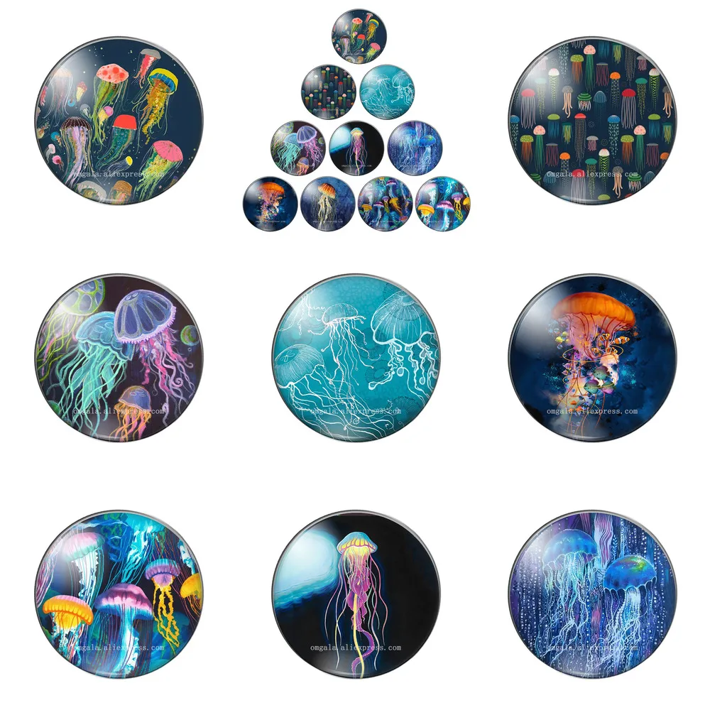 

New Art Sea Animals Jellyfish Patterns 10mm/12mm/14mm/18mm/20mm/25mm Round Photo Demo Glass Cabochon Flat Back Making Findings