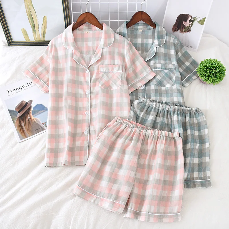 

Японская простая короткая Пижама, женские пижамные комплекты из 100% хлопка с короткими рукавами, шорты, милая мультяшная одежда для сна, Женс...