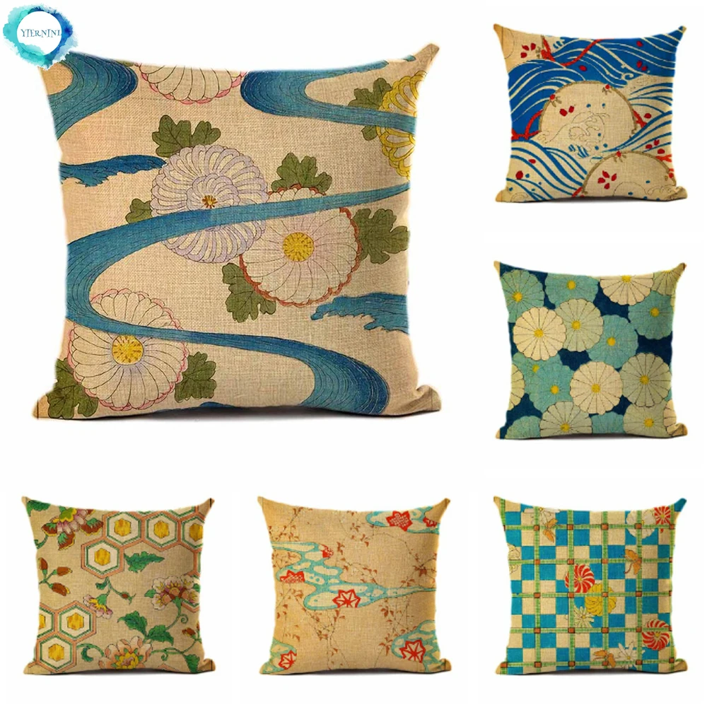

Floral Cotton Linen Throw Pillow Cover Vintage Wave Pattern Decorative Cushion Cover Pillow Case Home Decor for Sofa 45x45cm