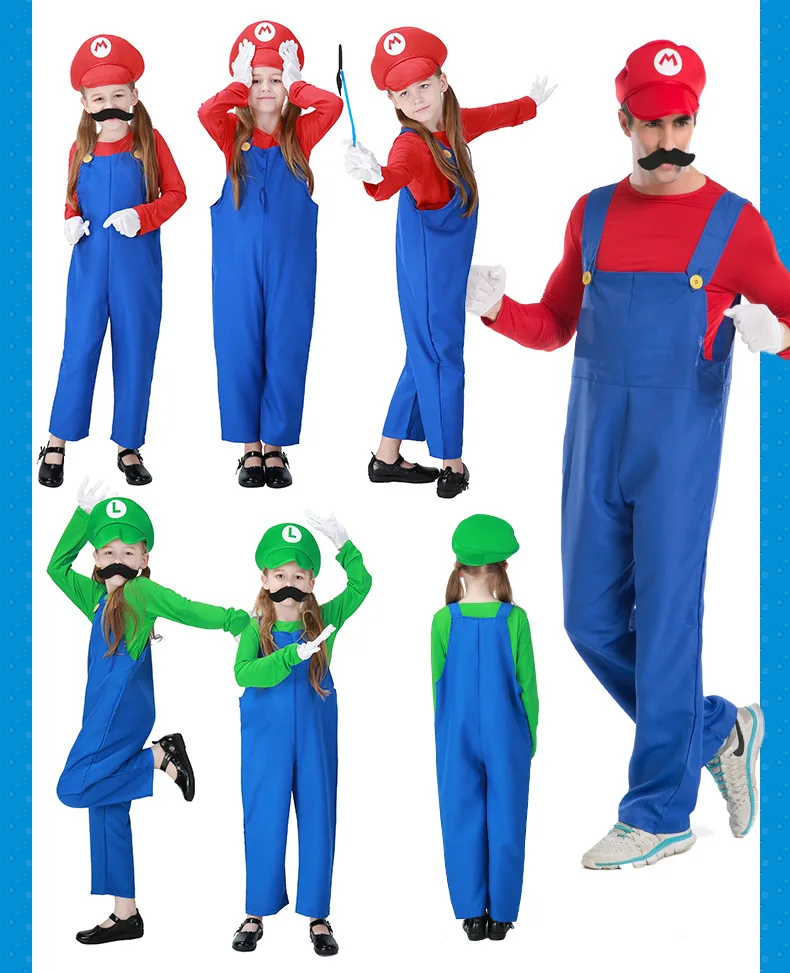 Super Mario Bros Luigi, шляпа сантехника, костюм с бородой, маскарадный костюм Марио, маскарадный костюм на Хэллоуин, нарядное платье для родителей и детей, взрослых, детей, женщин