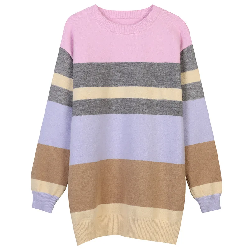 

2021 Sweet Womens Winter Sweaters Clothes O-Neck Striped Bear Loose Knitted Sweater Long Pullover Women