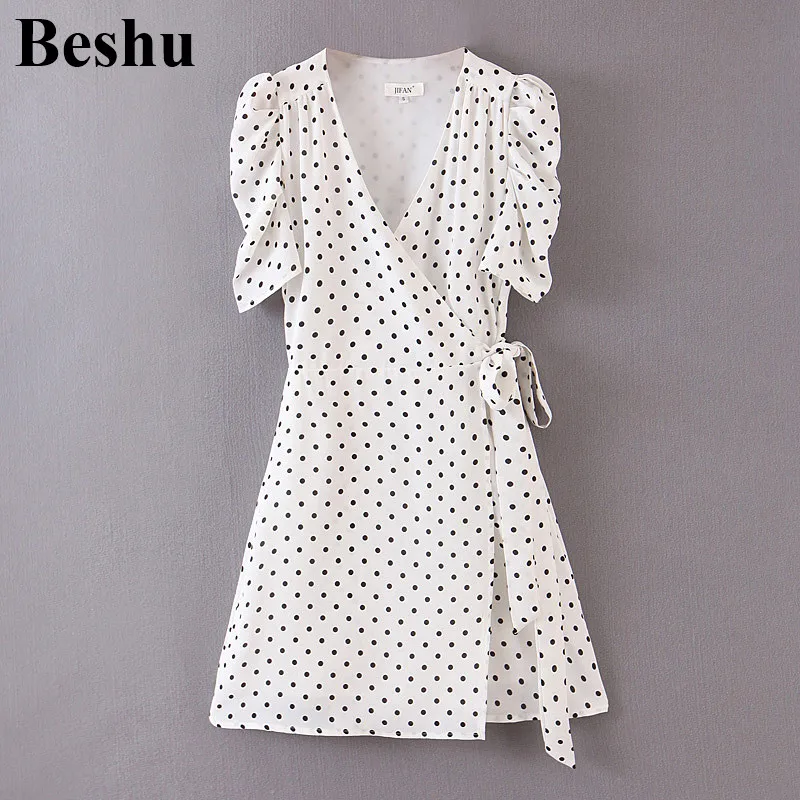 Za 2020 модное женское мини-платье белого цвета с v-образным вырезом в горошек