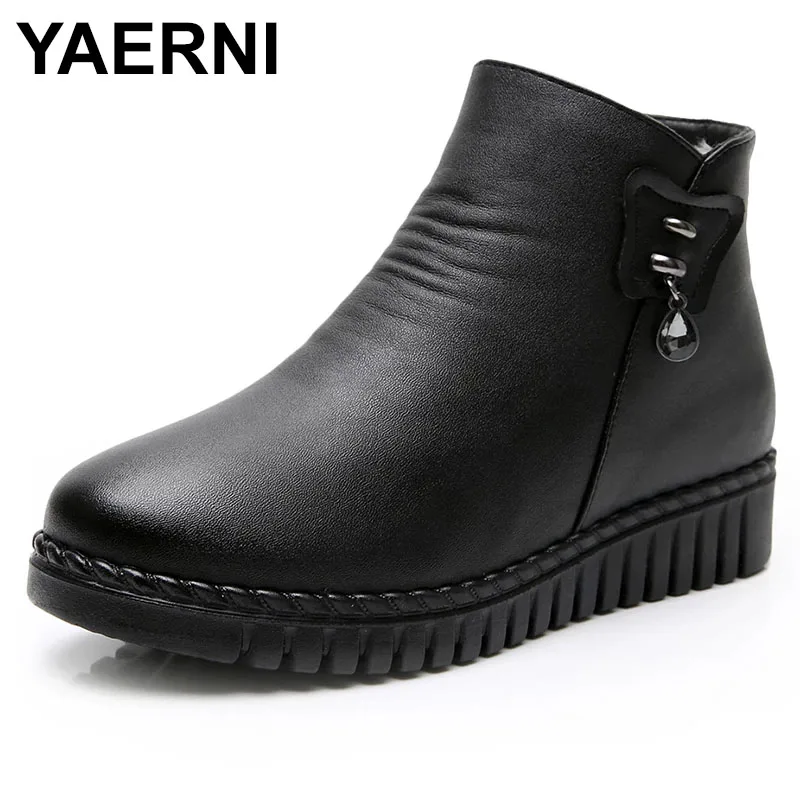 

YAERNI Winter Quality Women Snow Ankle Boots Solid Pu Leather Sewing Warm Wool Lining Fluffy Furry Round Toe Comfortable Shoes