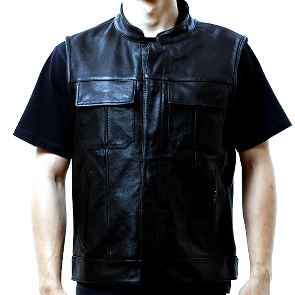 

Real Cow Leather Motorcycle Biker Vests For Men 2021 Genuine Leather Sleeveless Jackets Male Stand Collar Waistcoat Punk Outwear