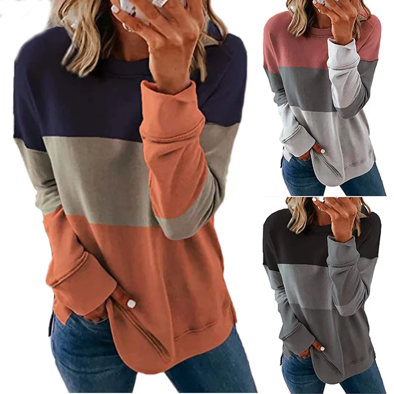 

Casual Loose Sweatshirts 2020 European and American New Popular Stitching Contrast Color Round Neck Long Sleeve Color Block