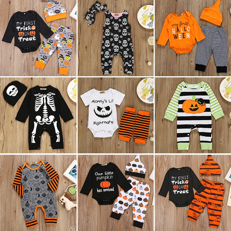 

Baby Girl Halloween Outfit Baby Tracksuit Pumpkin T-Shirt+Striped Pant Flare Pants Outfit Set Clothes